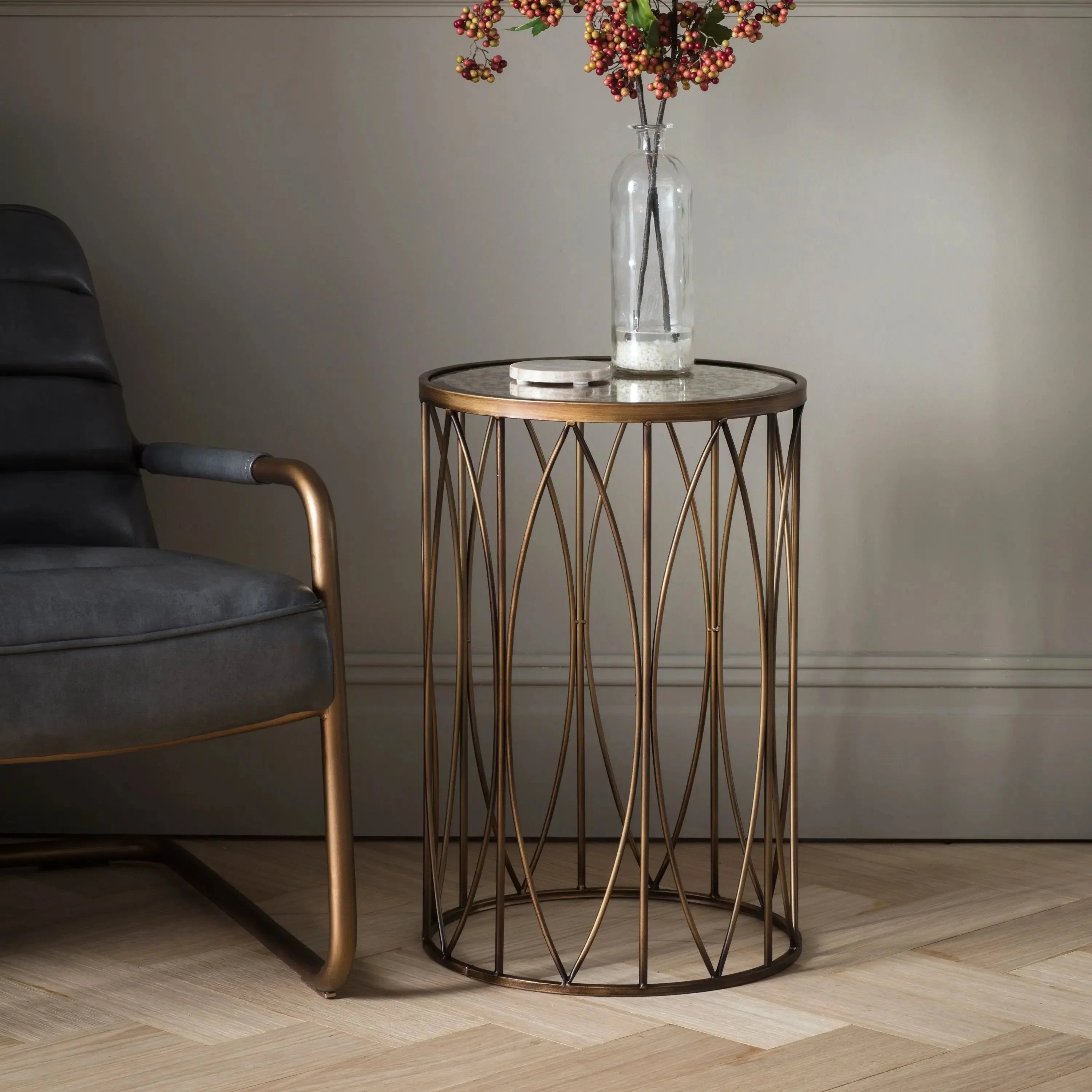 Gold Metal Side Table with Antique Glass Top