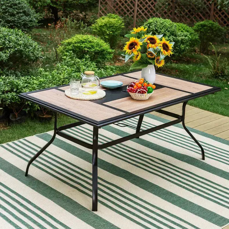 7pc Outdoor Dining Set: Black/Beige, Steel Frame, Water & Rust Resistant, 6 Arm Chairs, Rectangle Table, Patio Furniture