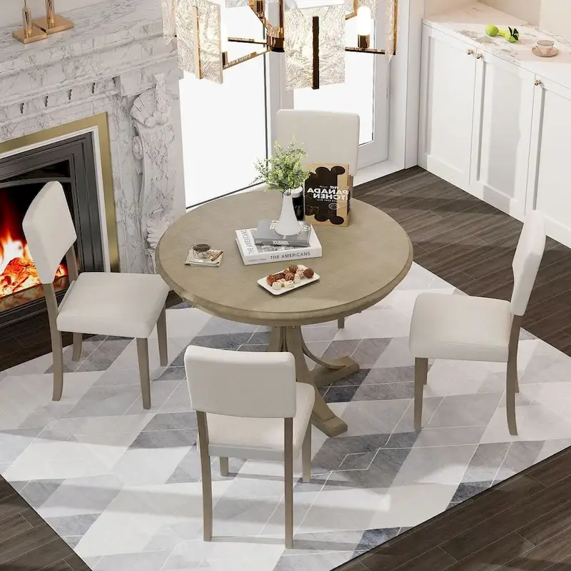 5 PCS Retro Round Dining Table Set for 4 with 4 Upholstered Chairs
