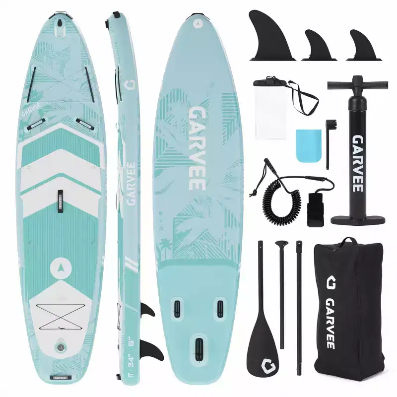 Inflatable Upright Paddle Board, Wide & Stable Military Grade SUP, Lightweight, Beginner Friendly, Large Deck with Camera Mount, Blue Green Palm Leaf