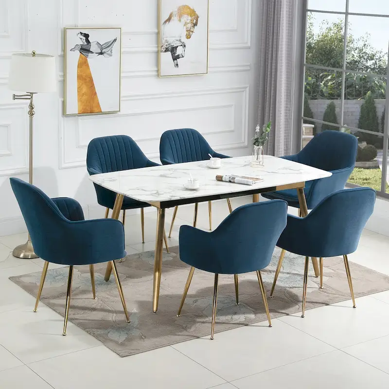 Velvet Upholstered Dining Arm Chair with Golden Legs (Set of 6)