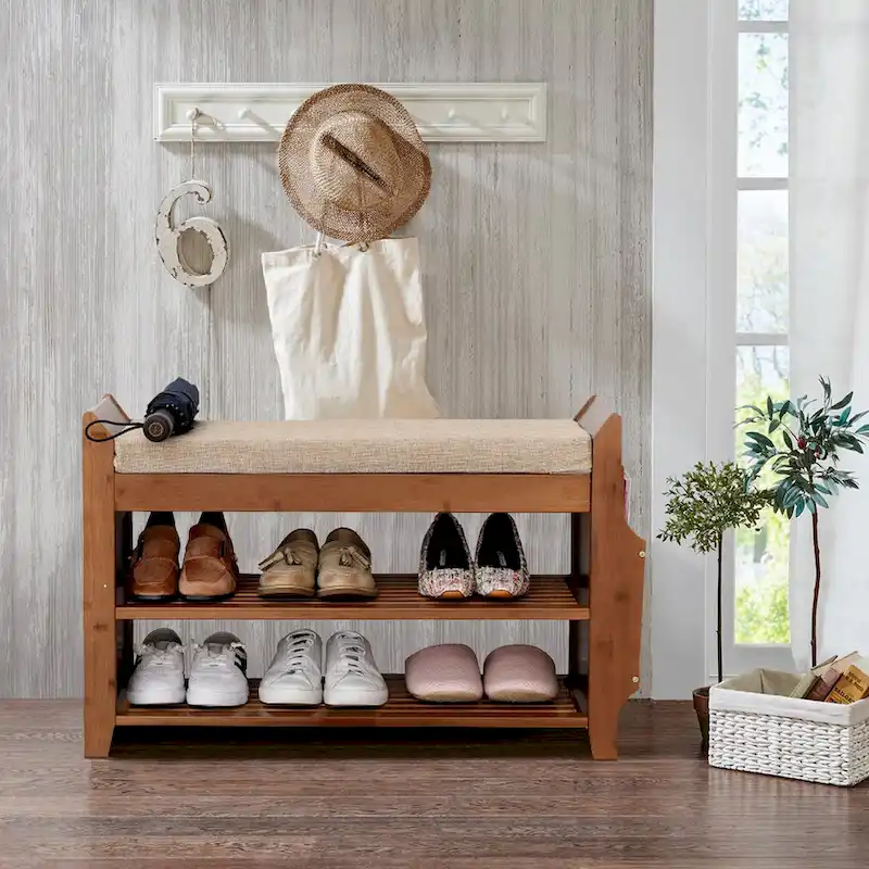 2 Tier Entryway Shoe Storage Organizer Shelf Bamboo Bench - 39.6*11.6*19.6