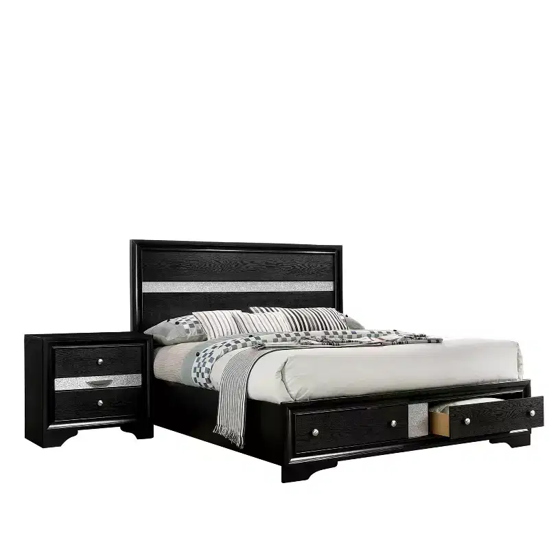 2pc Queen Whether by Bed with Nightstand Black - miBasics: Modern Luxury Bedroom Set, Built-In Drawer, Anti-Tip Hardware