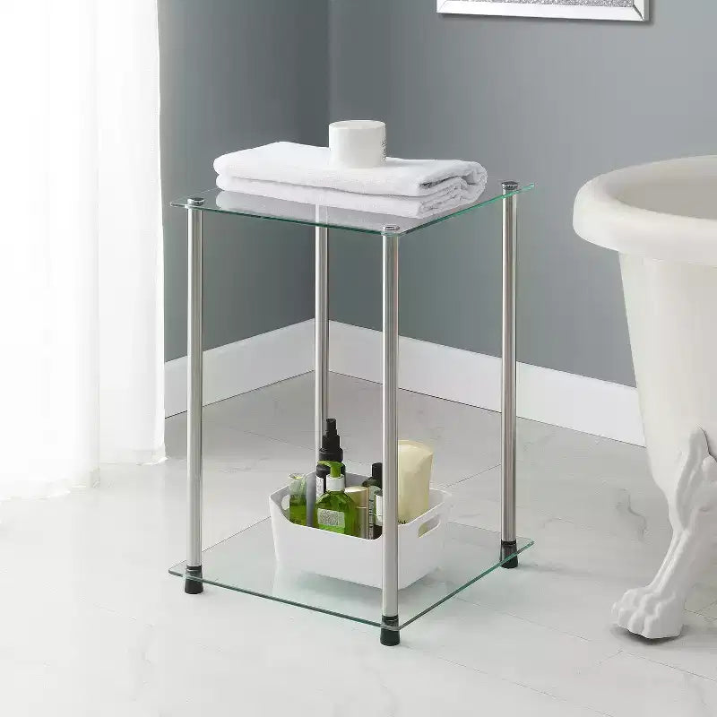 2-Tier Square End Table with Tempered Glass Shelves & Stainless Steel Frame, Modern Accent Side Table