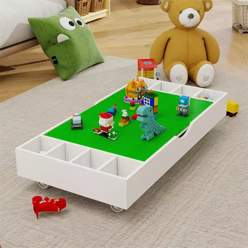 The 2 in 1 Rollaway Play Table and Toy Organizer Compatible with Lego Suitable for Storing Under Bed or Sofa-White (38 x 18.7 x 5.9)