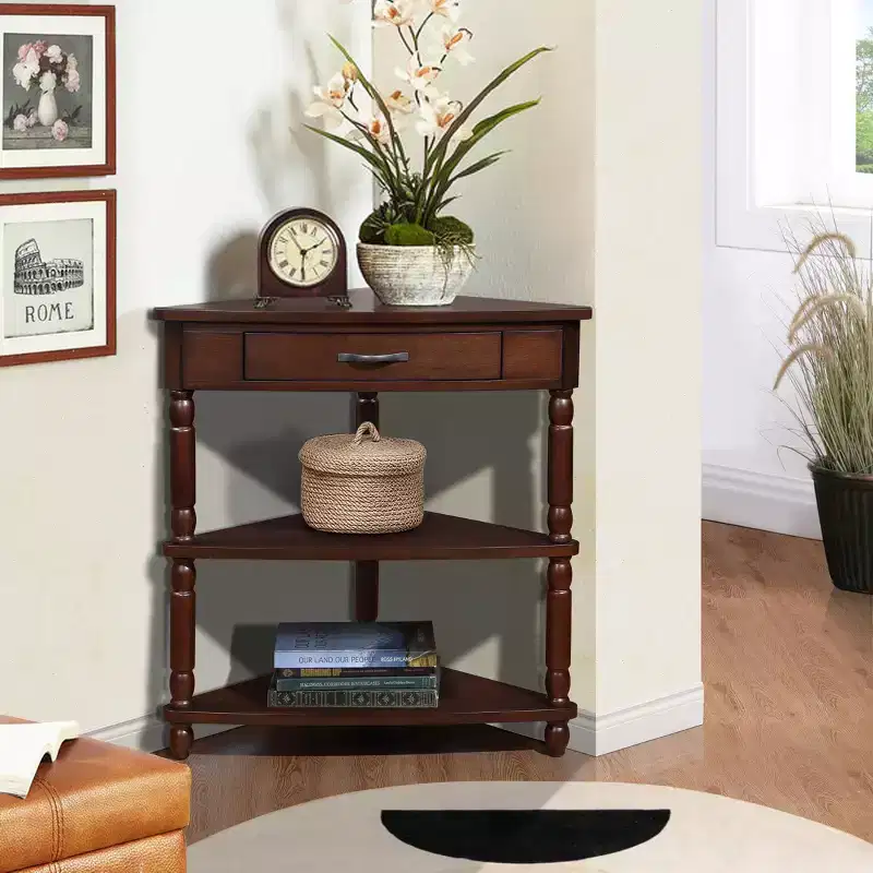 JVNOXK 33.8-inch Compact Triangular Corner Table Wooden Corner Side Table Ideal for Small Spaces/Living Rooms Three Shelves Light Espresso Brown