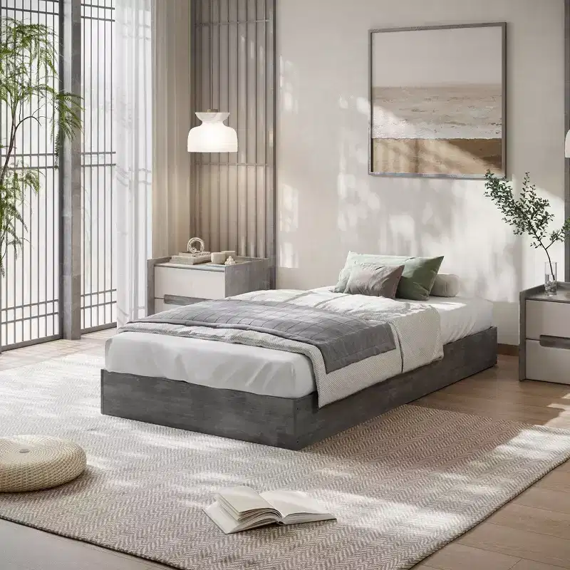 Full Size Bed Frame, Wood Platform Bed Without Headboard, Floor-Standing Bed Frame, Wooden Slats Support, No Box Spring Required, White