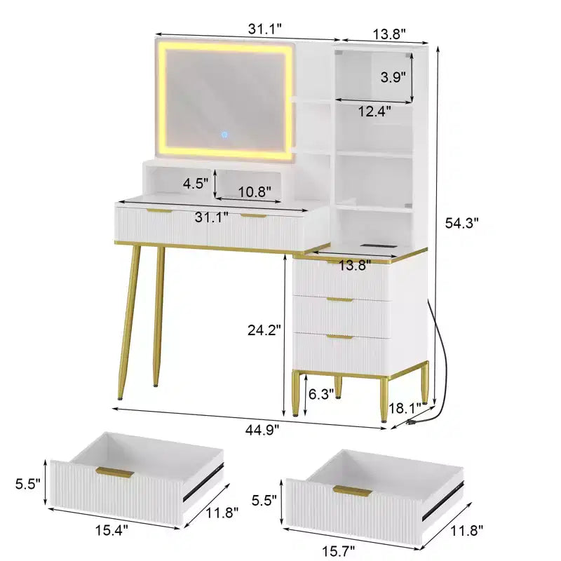 COZONY Fluted Vanity Desk with Mirror, Makeup Vanity with 5 Drawers & Shelves, Modern Dressing Table for Bedroom