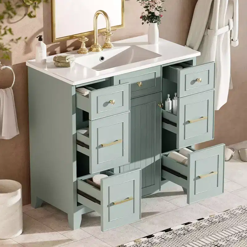 36 Green Bathroom Vanity with Sink, Bathroom Storage Cabinet with Drawers and Adjustable Shelf