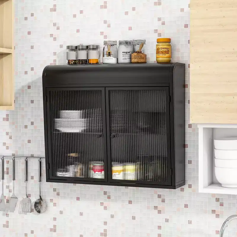 Wall-Mounted Storage Cabinet, Retro Metal Bathroom Cabinet with 2 Glass Doors & Shelves for Bathroom, Kitchen, Living Room & Office