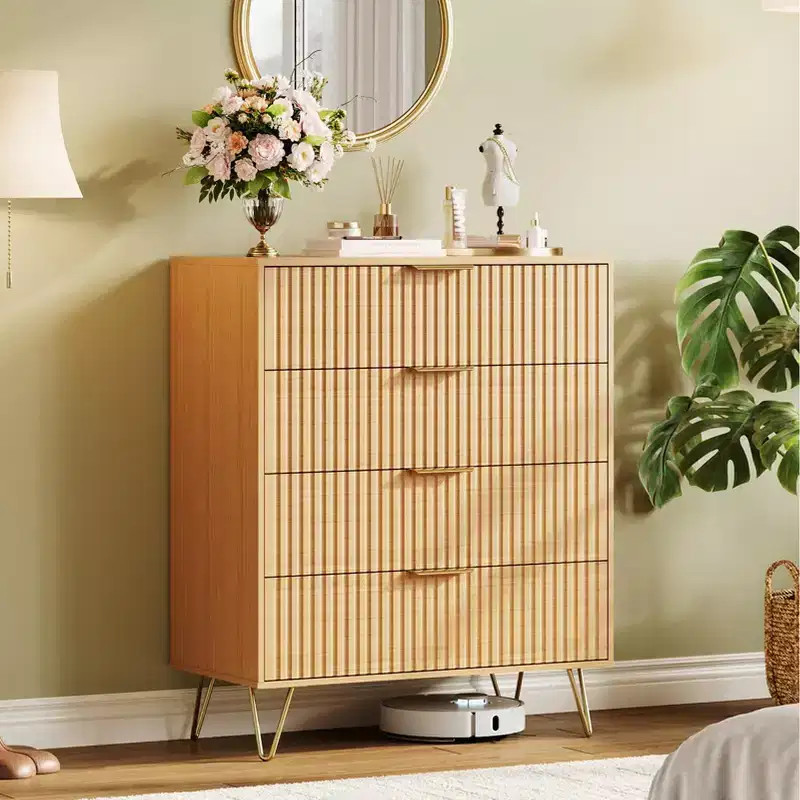 COZONY Fluted Dresser with 4 Drawers, 32 Wide Modern Wooden Chest with Metal Handles for Bedroom & Living Room
