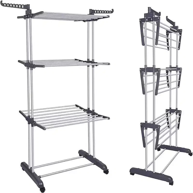 NAYSAYE 4 Tier Foldable Clothes Hanger Coat Rack Stainless Steel Drying Rack with Hooks and Wheels for Laundry Bedroom Living Room, 30*19.7*67.7