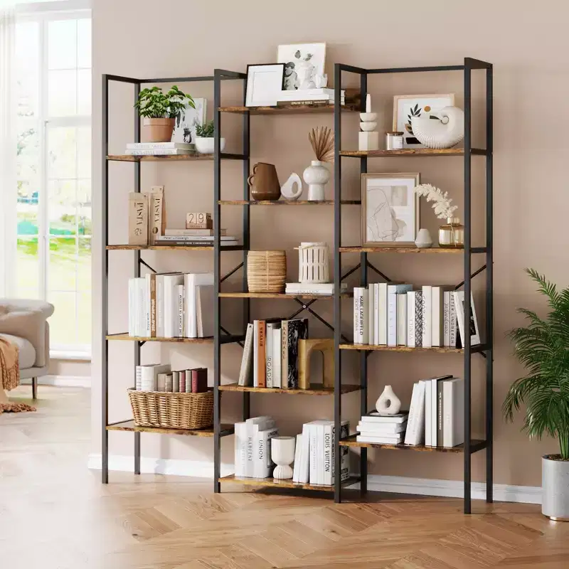 5-Tier Industrial Bookshelf with Adjustable Wood Shelves and Metal Frame