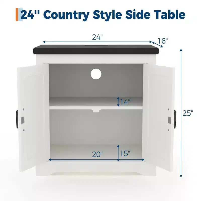 Farmhouse End Table with Charging Station  24-Inch Rustic Nightstand with 3 AC Outlets, USB & Type-C Ports, Sliding Barn Door & Adjustable Shelf