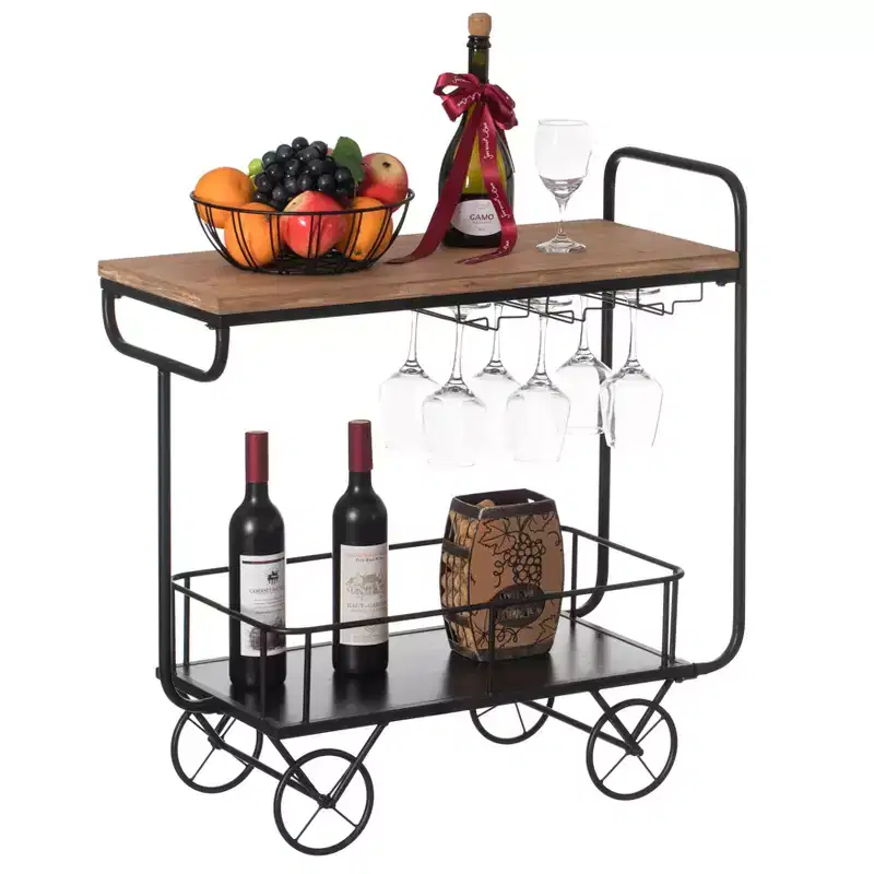Vintiquewise Metal Wine Bar Serving Cart with Rolling Wheels, Wine Rack, and Glass Holder
