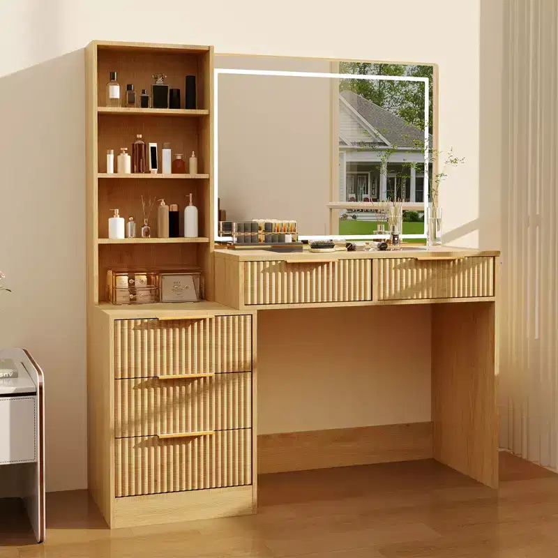 Vanity Table with Power Outlets and USB Ports, Fluted Makeup Desk with 5 Storage Drawers