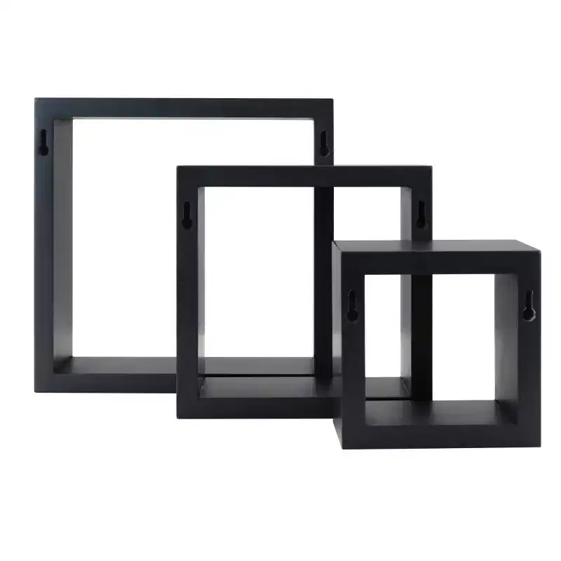 Set of 3 Cubbi Floating Wall Shelves Black: Wood Composite, Space-Saving, Various Sizes