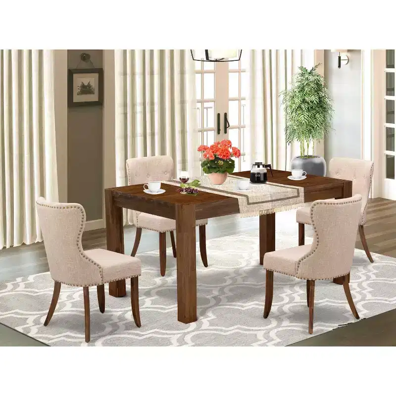 5-Piece Multi-Color Solid Wood Top - Rectangular Button Tufted Dining Room Set - Seats 4