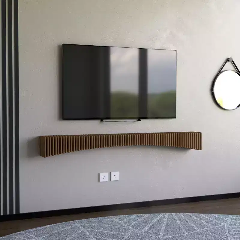 Wear Sierra BATAMEX Parametric 60 inch Floating Shelf TV Unit Modern Geometric Wooden Wall Piece Decor Natural Oak Color 3D Wavy Living Room Shelf