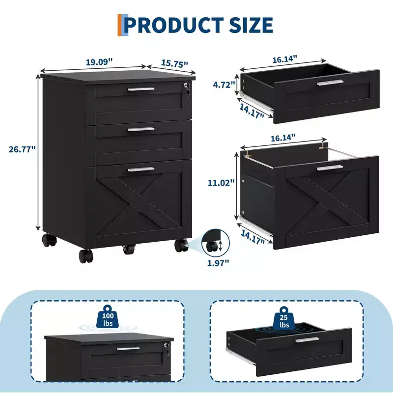 3-Drawer File Cabinet with Lock, Mobile Under Desk Filing Cabinet for Home Office, Wood Storage Organizer for Letter/a4/Legal Size Documents