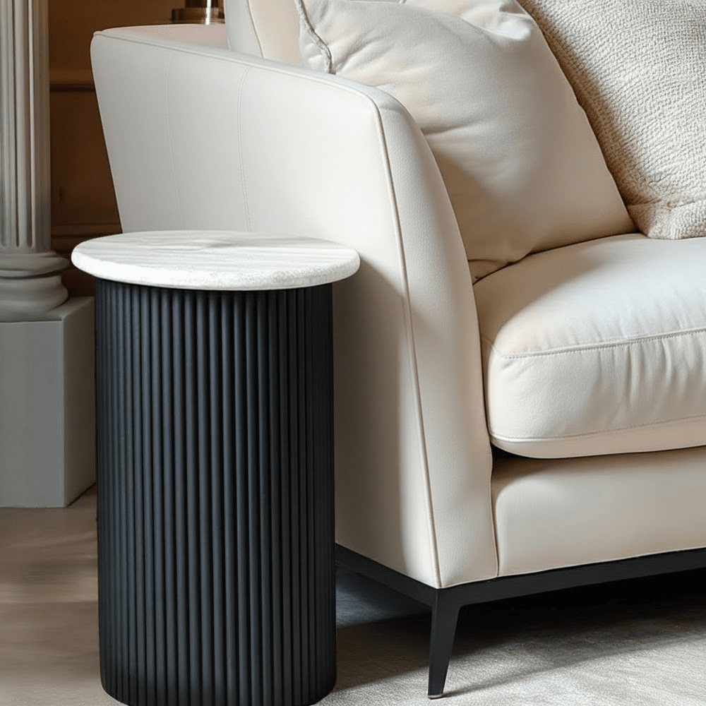 Black Ribbed Side Table with Marble Top