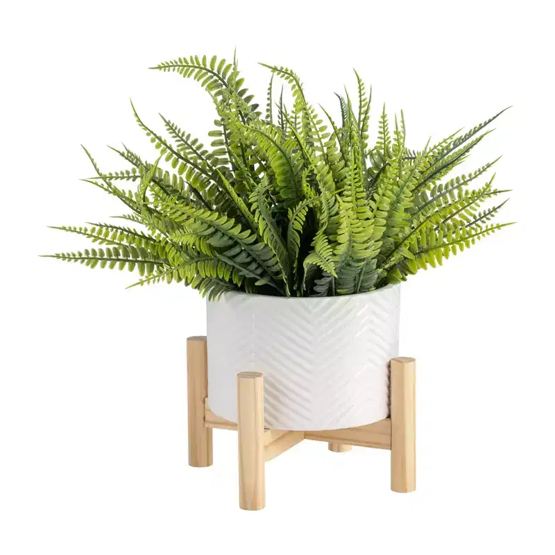Okak 6IN Modern Plant Pots with Chevron Caving, Flower Pots with Cross Wooden Stand, Ceramic Pot for Indoor or Outdoor Tabletop, White