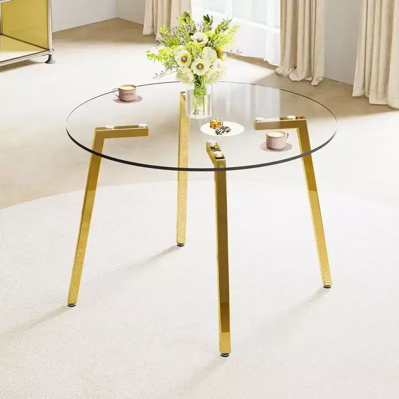 Round Tempered Glass Dining Table �C 42" with Gold Metal Legs