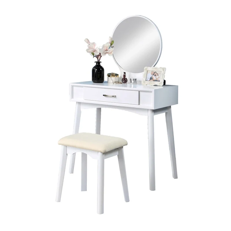 White / Purple / Gold Contemporary Wood Vanity Set with Mirror & Stool