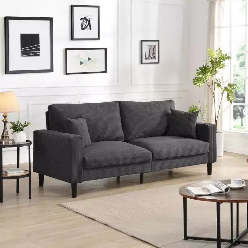 TUYOHW 74.8 Inch Corduroy High Resilience 3-Seater Sofa with 2 Throw Pillows for Living Room,Bedroom,Apartment