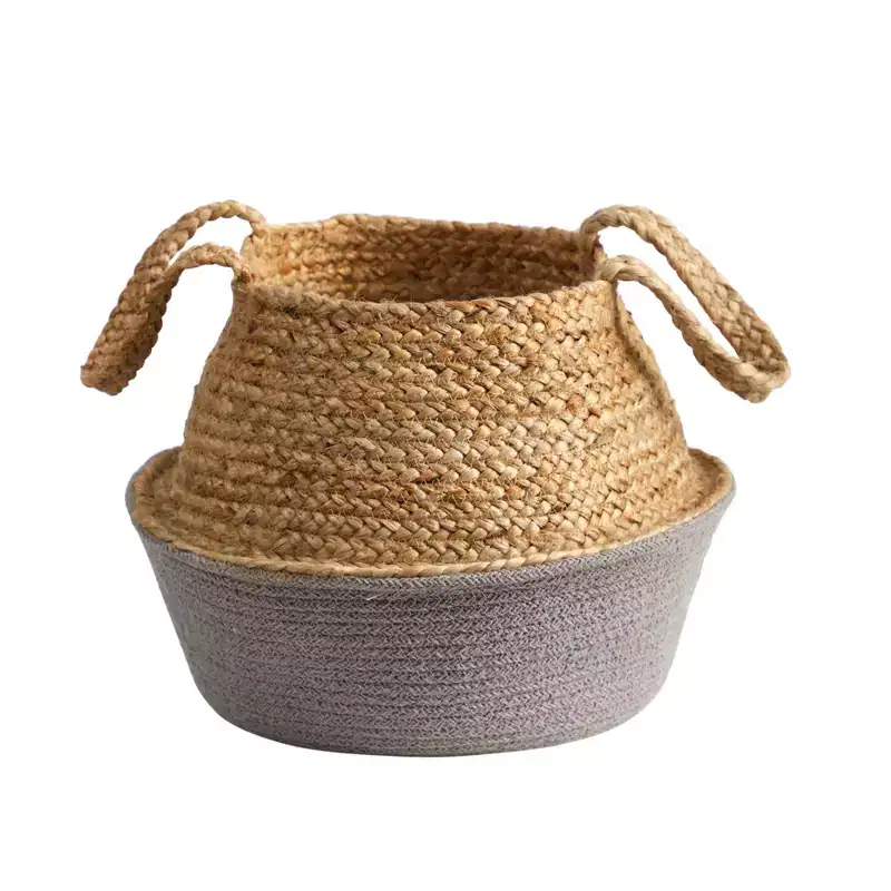 Nearly Natural 14-in Boho Chic Handmade Cotton & Jute Gray Woven Basket Planter