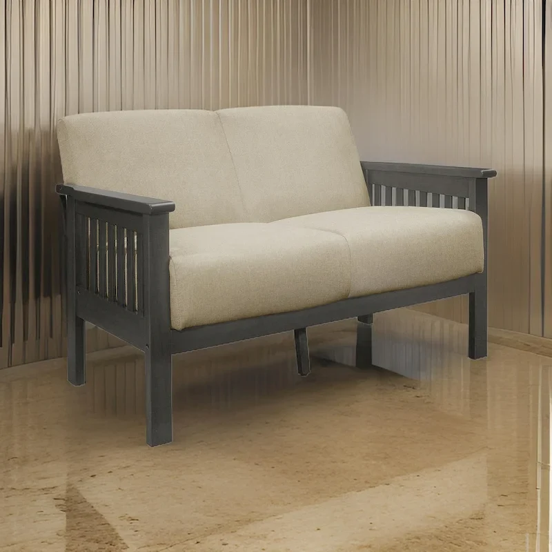 50 Loveseat, Beige Polyester, Dark Gray Solid Rubberwood