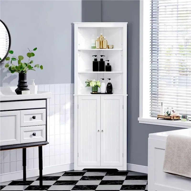 Tall Corner Cabinet with Shelving Unit, Freestanding Bathroom Storage, White