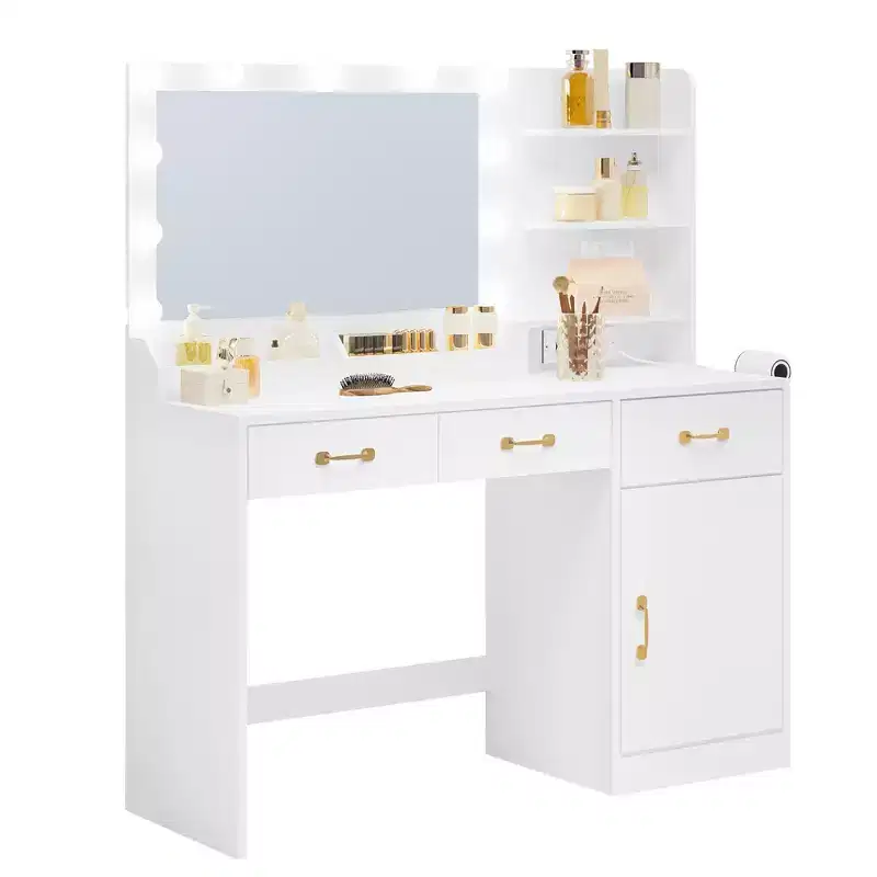 Makeup Vanity Desk with LED Mirror, 3 Drawers, 2 Cubbies, Cabinet and Open Shelves, White