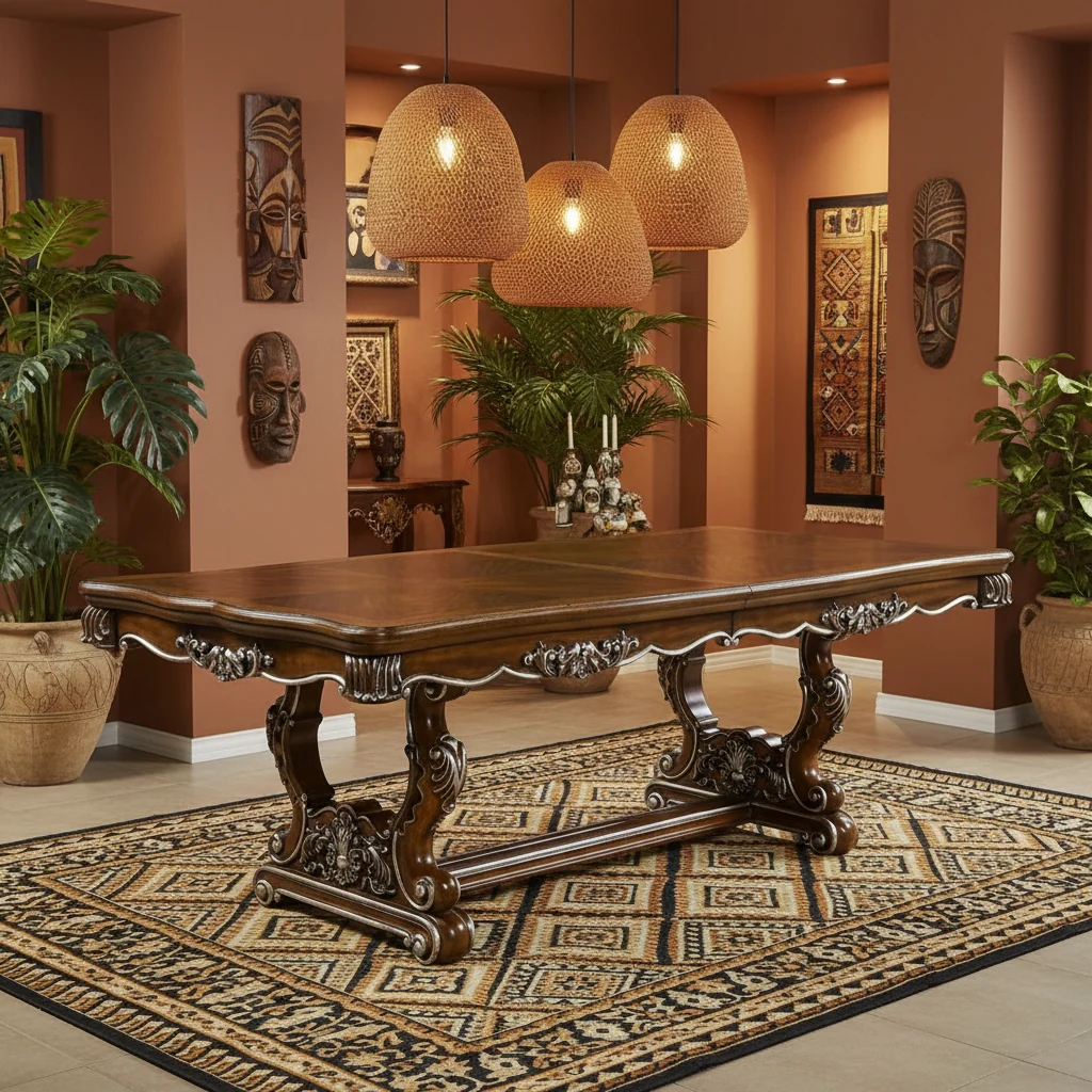 Extendable Dining Table with Carved Silver Trim, 90-114 Inch, Antique Oak