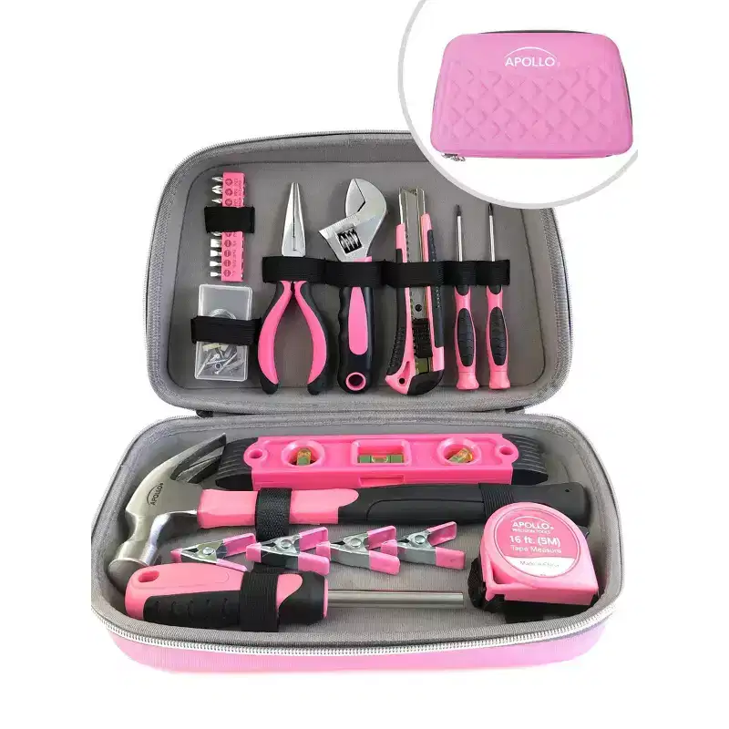Apollo Tools 63pc DT5016P Household Tool Kit in Zippered Case Pink: Women's Comfort-Grip Tool Set, 63 Pieces