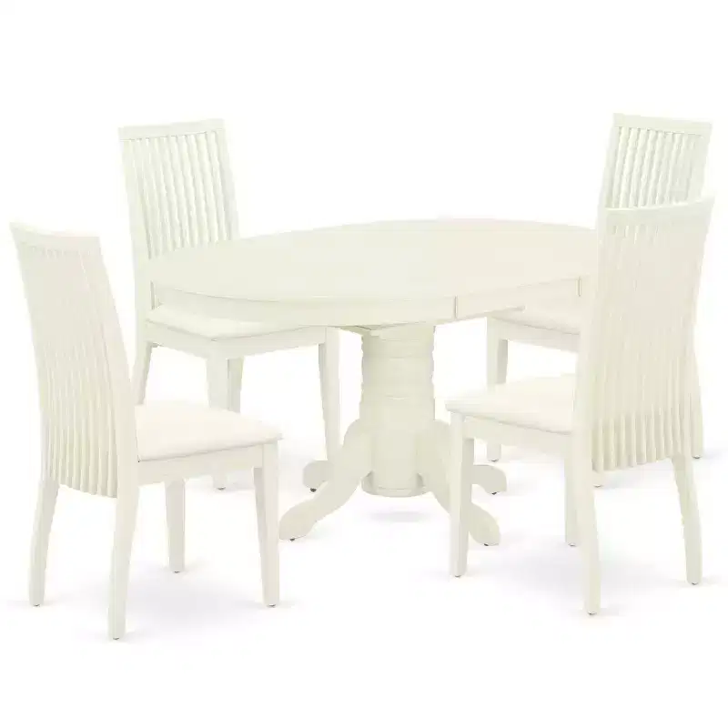 HomeStock 5-Piece Oval Linen White Finish Solid Wood Top Dining table with 4 Chairs with Butterfly Leaf