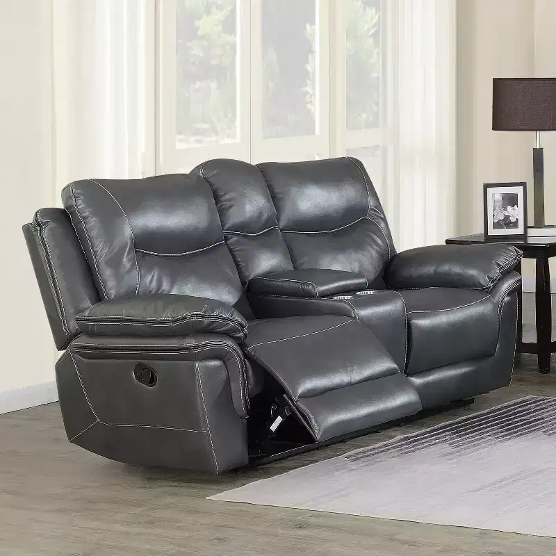 Isabella Upholstered Console Loveseat Gray: Storage, Cup Holders - Steve Silver Co.