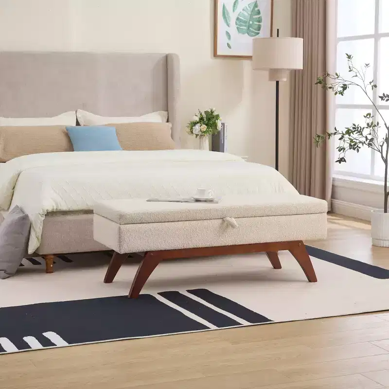 Zeus & Ruta Teddy Wool Fabric Bed End Stool with Solid Wood Feet and Storage Function