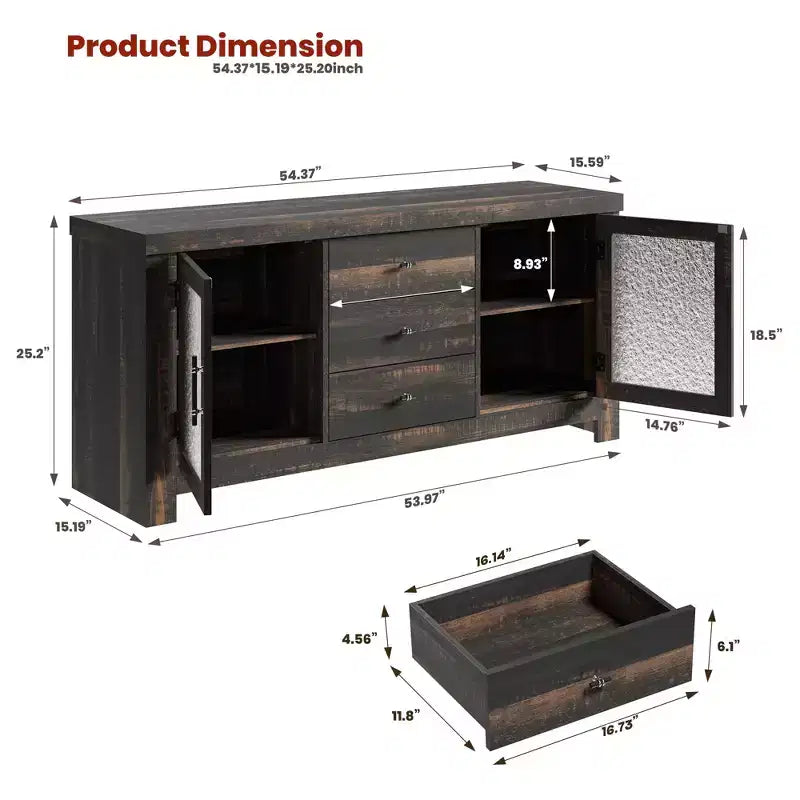 54-Inch Wood Buffet Sideboard with 2 Glass Doors and 3 Drawers