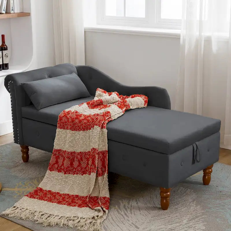 Black 58.26" Velvet Upholstered Button Tufted Chaise Lounge Chair with Storage