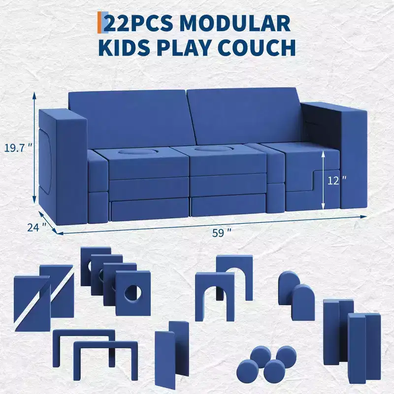 22Pcs Modular Children's Sofa Set, Convertible Block Sofa, Two-Seater Blue DIY Sofa, Suitable for Bedrooms and Playrooms