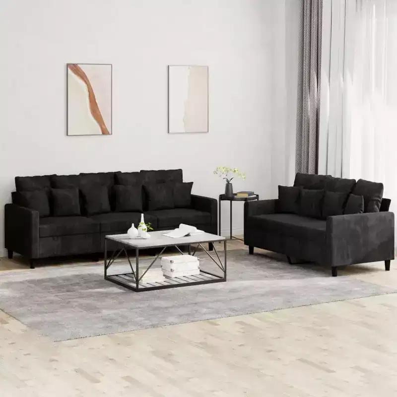 Sofa Set Black Velvet (100% polyester), metal, textilene, plywood