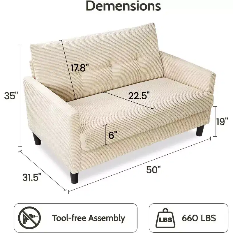 Dyonery 50 Loveseat Sofa, 2-Seater Love Seat for Office & Small Spaces, 24 Deep Seat, FSC Solid Wood Frame, Tool-Free Assembly