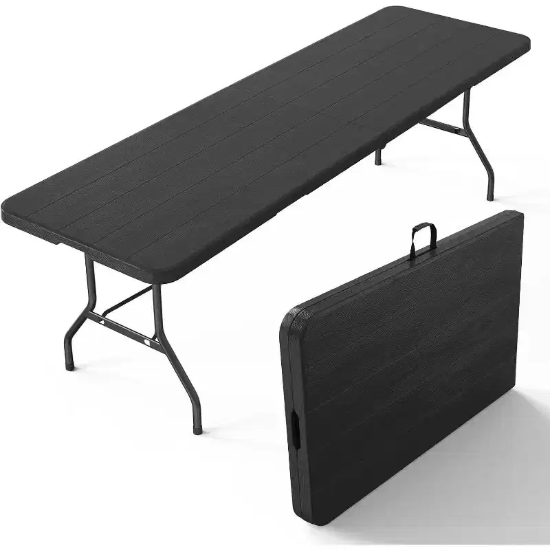 8 Foot Plastic Folding Table Portable Long Table for Indoor Outdoor Use Rectangular with Carrying Handle, Black