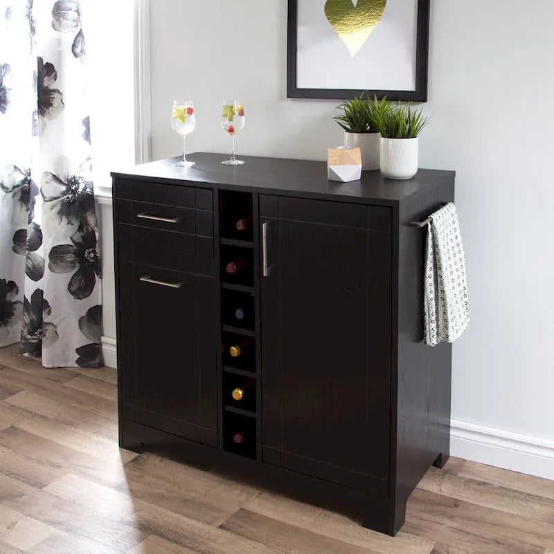 Bar Cabinet – Black Oak / Gray Maple / Weathered Oak / Natural Walnut, Bottle & Glass Storage, Vinyl Top Tray