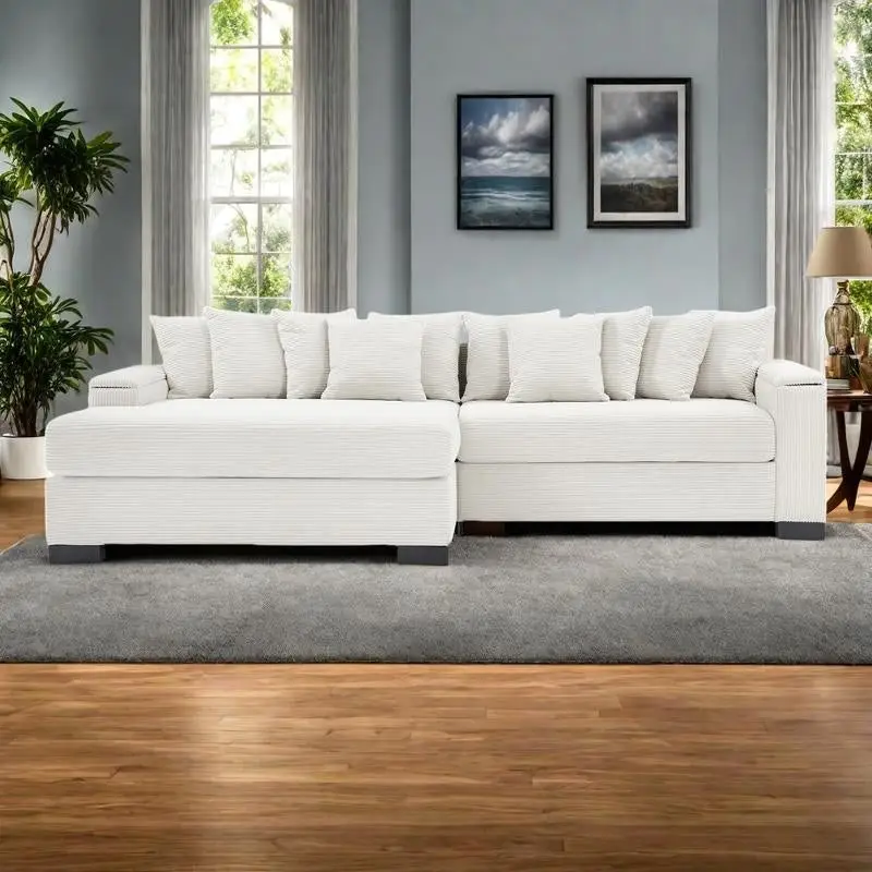 111 Corduroy L-Shaped Sectional Sofa with Convertible Chaise & Storage Arms