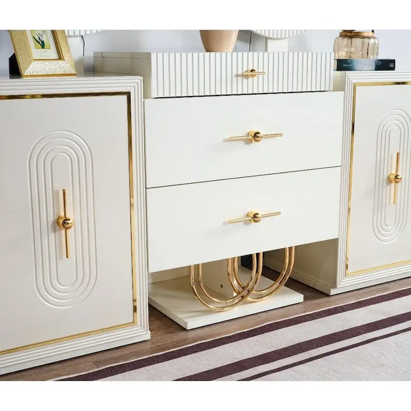 White High-Gloss Buffet Sideboard with Dual Oval LED Mirrors Gold Hardware