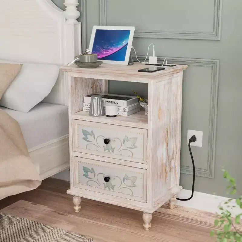 VINGLI White Nightstand with Charging Station, 28.7 Tall Night Stand for Bedroom