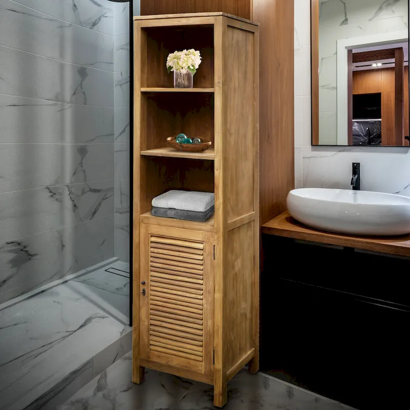 Vertical Bathroom Linen Cabinet | Recycled Teak Wood, 1 Louvered Door & 3 Open Shelves