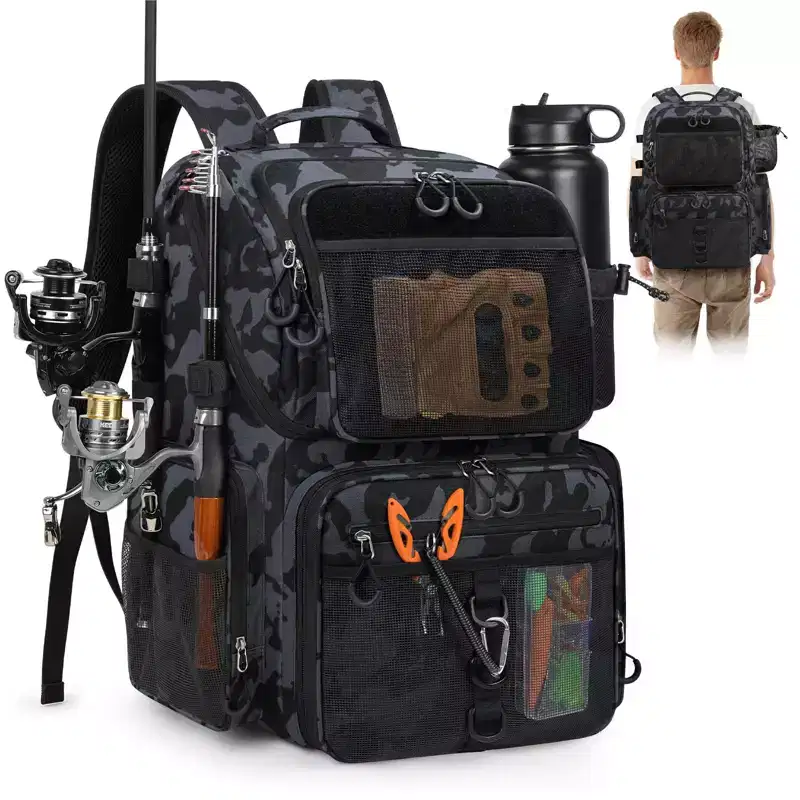 Narwey 45L Fishing Backpack with Rod Holder & Waterproof Rain Cover, 900D Heavy-Duty Adjustable Compartments Fishing Tackle Bag Storage Fishing Gear